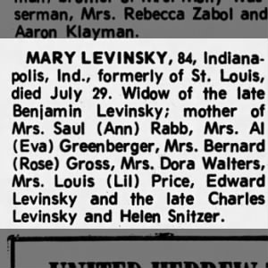 Obituary for MARY LEVINSKY